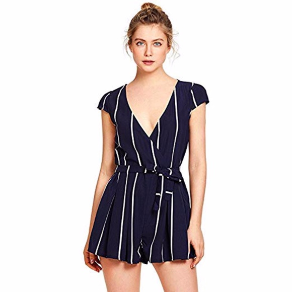 Vertical Striped Surplice V-Neck Tie Belt Romper - Picture 2 of 8